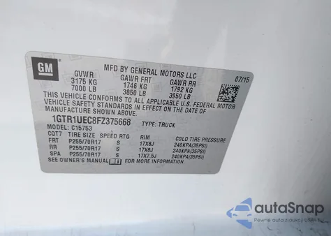 2015 GMC Sierra 1500 Sle from USA, damaged, VIN 1GTR1UEC8FZ375668
